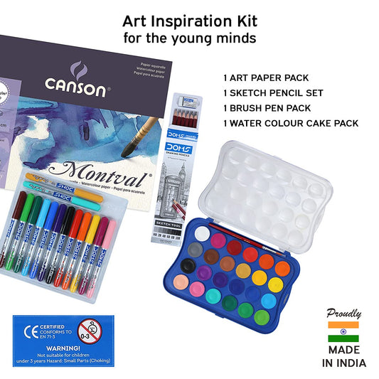 Doms Brush Pen Set | Color Medley Art Kit | 24 Shades Watercolor Cakes | Brush Pen | Drawing Pencil | Watercolor Paper 300 GSM Painting Smart Kit