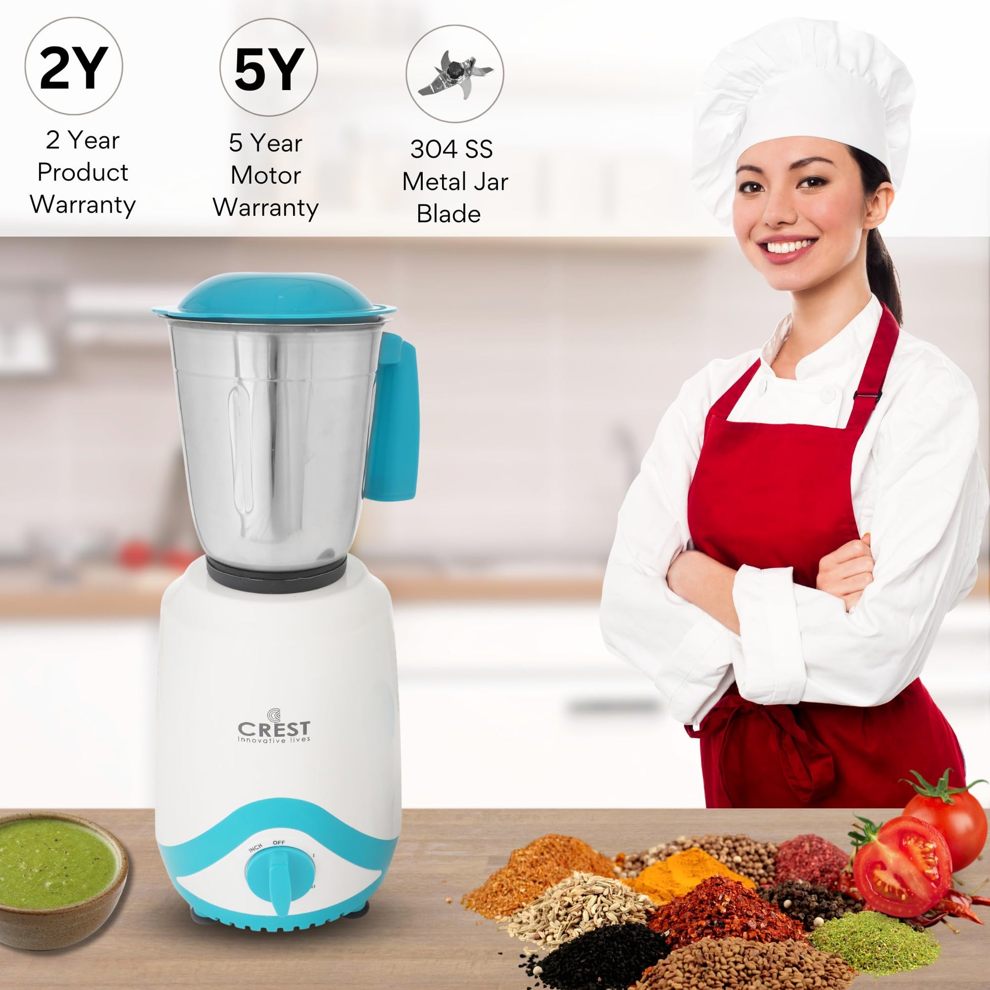 Crest Mixer Grinder for Kitchen - 2 Jars 500 Watt - Mixie with Mini Jar for Chutney & Liquidizing Jar used as Wet Grinder & Blender for Milkshake, Smoothie, Puree -Stainless Steel Blades