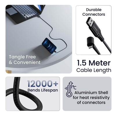 Ambrane Lightning Standing cable, 12W Fast Charging, Perfect for Holding Mobile while Charging/Binge-Watching & 480 Mbps Data Sync Cable for iPhone, iPad, AirPods - 1.5m (ABSL-15 Black)