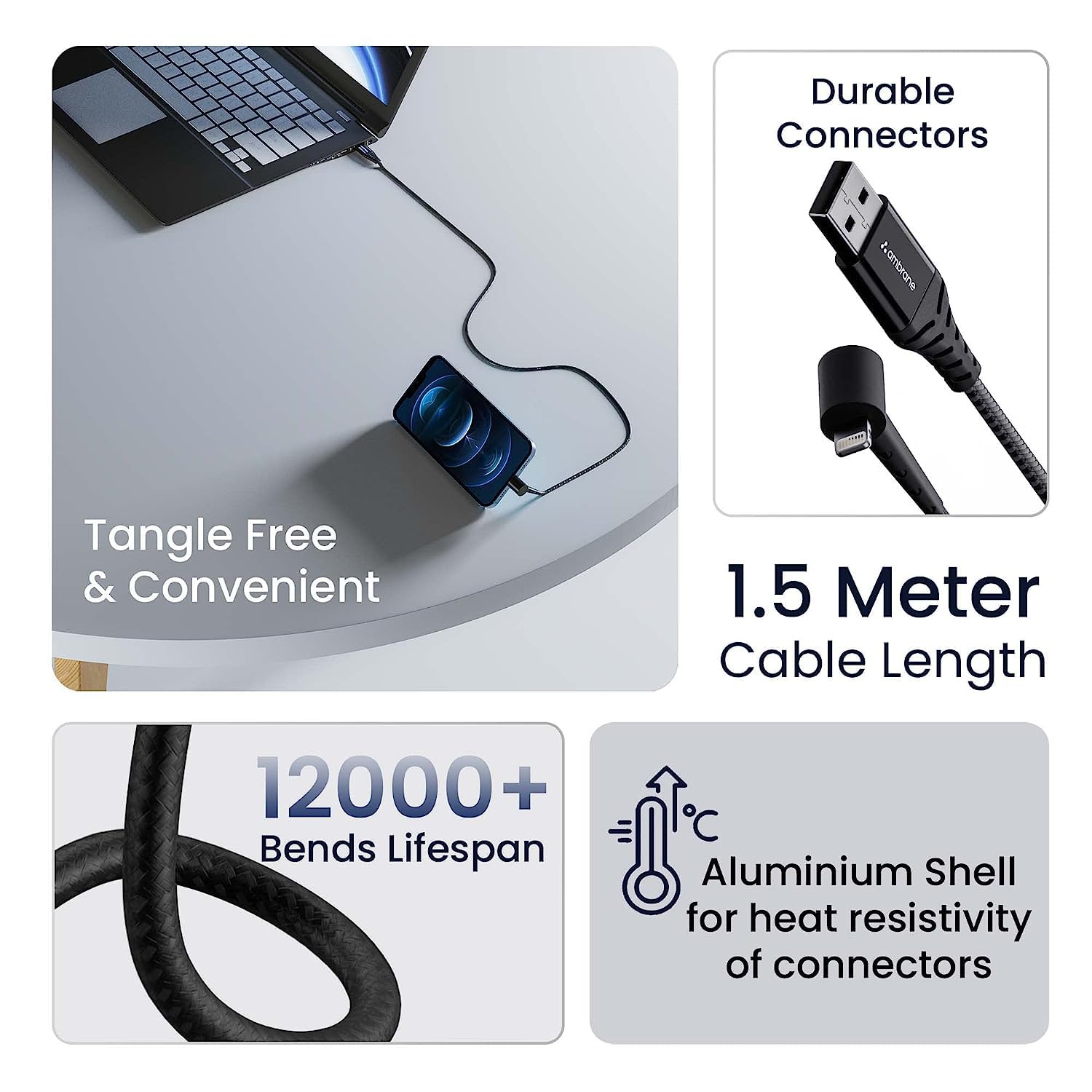 Ambrane Lightning Standing cable, 12W Fast Charging, Perfect for Holding Mobile while Charging/Binge-Watching & 480 Mbps Data Sync Cable for iPhone, iPad, AirPods - 1.5m (ABSL-15 Black)