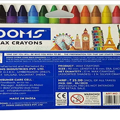 Doms 12+1 Shades Extra Long Coloured Wax Crayons for School Nursery Home (10 Pack)