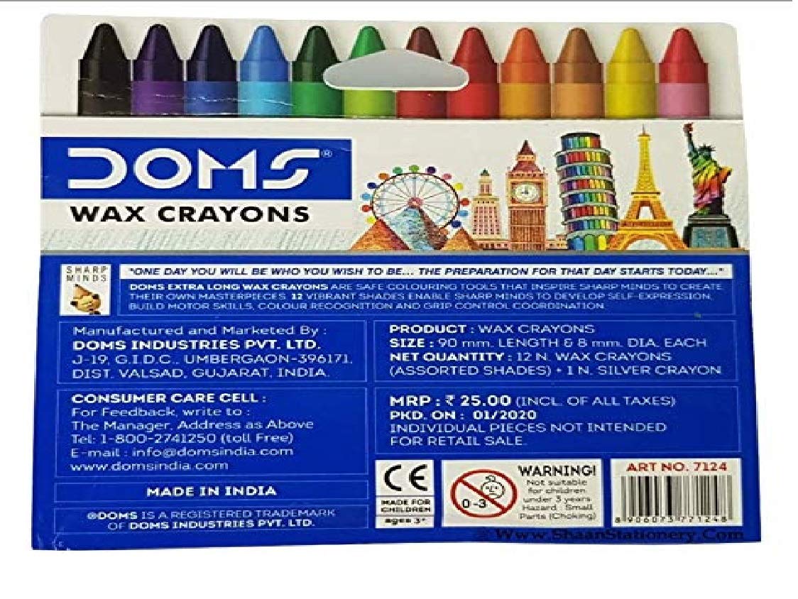 Doms 12+1 Shades Extra Long Coloured Wax Crayons for School Nursery Home (10 Pack)
