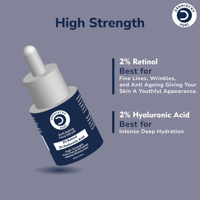 Dermistry Pure 2% Retinol 2% Hyaluronic Acid High Strength Anti Aging Ageing Face Serum Removes Fine Lines & Wrinkles Skin Deep Hydration Intense Moisturizer 30ml