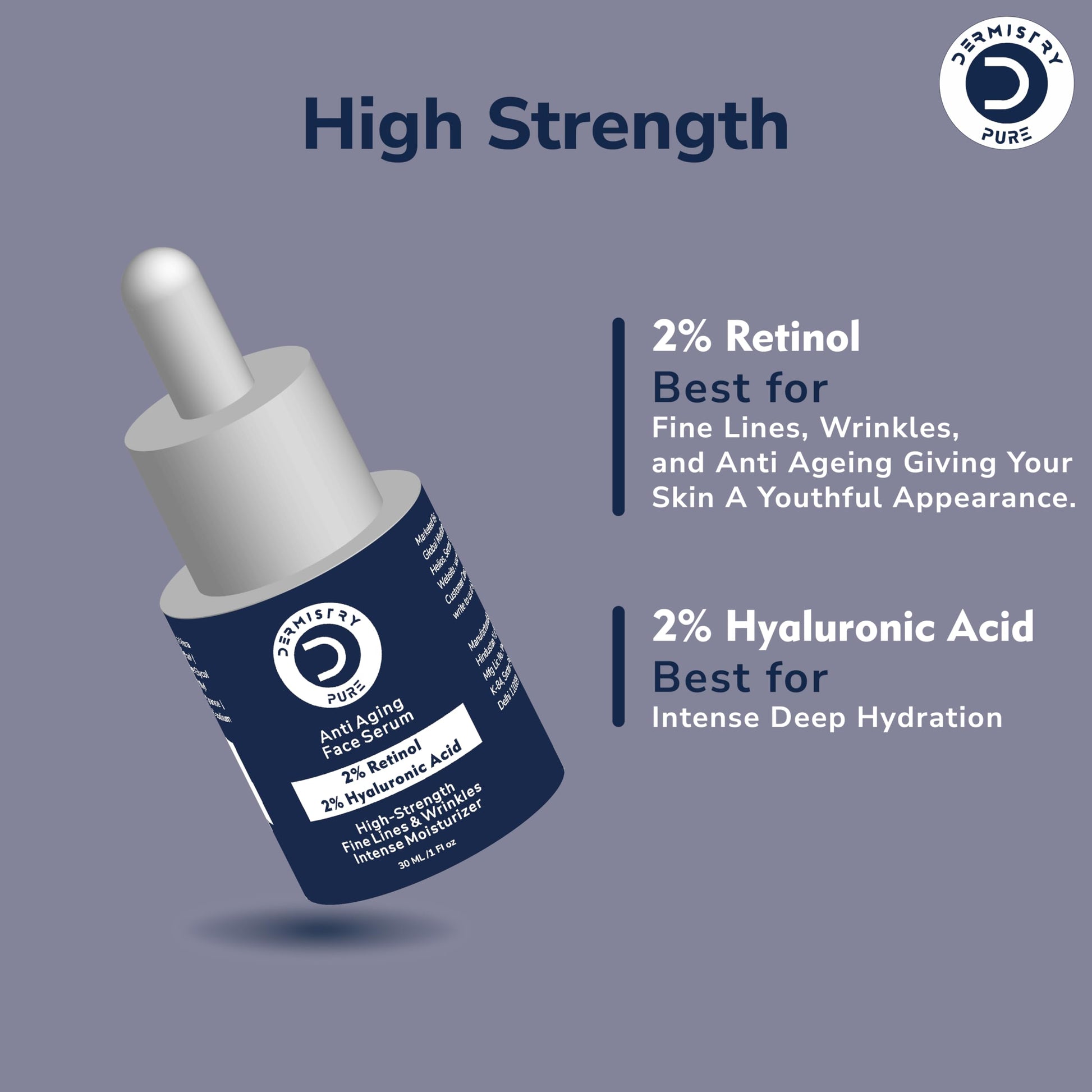 Dermistry Pure 2% Retinol 2% Hyaluronic Acid High Strength Anti Aging Ageing Face Serum Removes Fine Lines & Wrinkles Skin Deep Hydration Intense Moisturizer 30ml