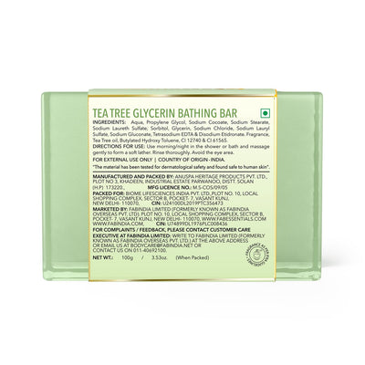 8x Fabessentials Tea Tree Glycerin Bathing Bar | with Natural Bioactives | Cleansing, Refreshing and Nourishing | Vegan & Toxin Free - 100 gm Pack of 8
