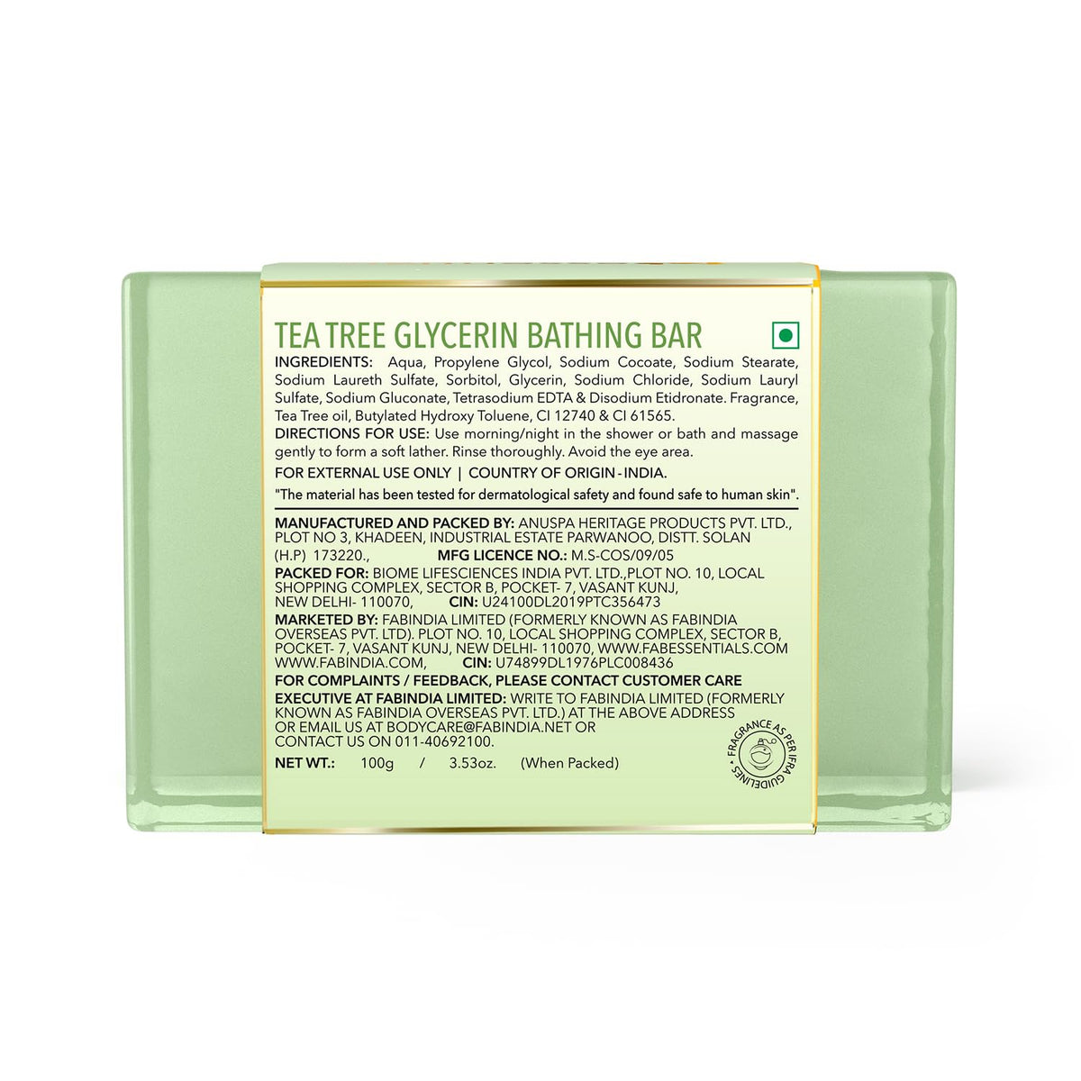 8x Fabessentials Tea Tree Glycerin Bathing Bar | with Natural Bioactives | Cleansing, Refreshing and Nourishing | Vegan & Toxin Free - 100 gm Pack of 8