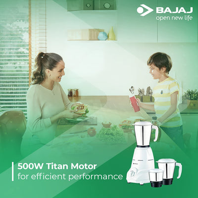 Bajaj Rex 500W Mixer Grinder with Nutri-Pro Feature, 3 Jars, White (Indian Plug)