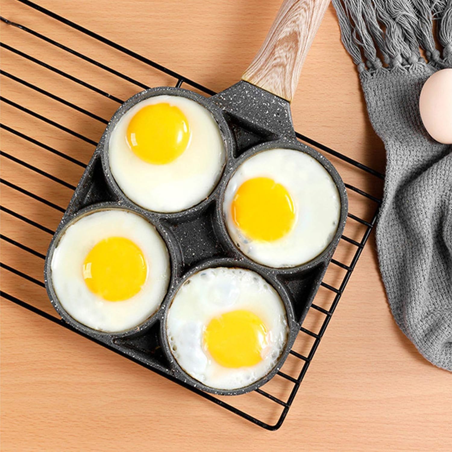 Cannagenix 4 Cups Egg Pan Omelette Pan Frying Pan Egg Frying Pan 4 Cup Crepe Pan Granite Egg Cooker Breakfast Pancakes Pan Suitable for Gas Stove & Induction Cookware (Wood Grain Handle)