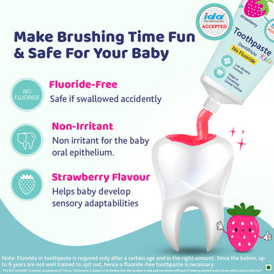 4x Chicco Toothpaste, Strawberry Flavour for 1Y to 6Y Baby, Fluoride-Free, Preservative-Free,Cavity Protection (50g each) - Pack of 4