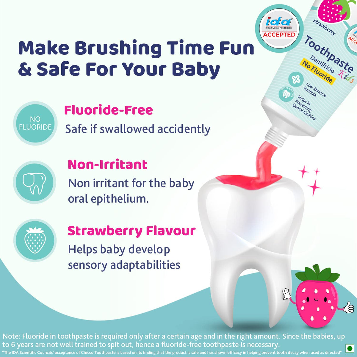 4x Chicco Toothpaste, Strawberry Flavour for 1Y to 6Y Baby, Fluoride-Free, Preservative-Free,Cavity Protection (50g each) - Pack of 4