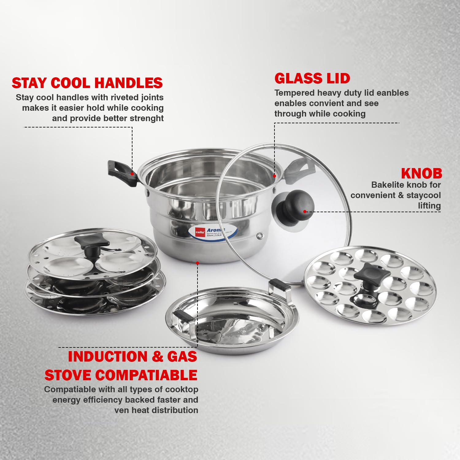 Cello Aroma Stainless Steel Idli Pot with Glass Lid with Multiple Plates 22cm, Silver, 3.5 liter | Compatible With Gas Stove & Induction | Ideal For Dhokla, Patra, Idli, and Momos