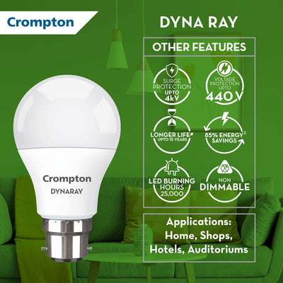 Crompton Dyna Ray 9W Round B22 LED Cool Day Light Pack of 2