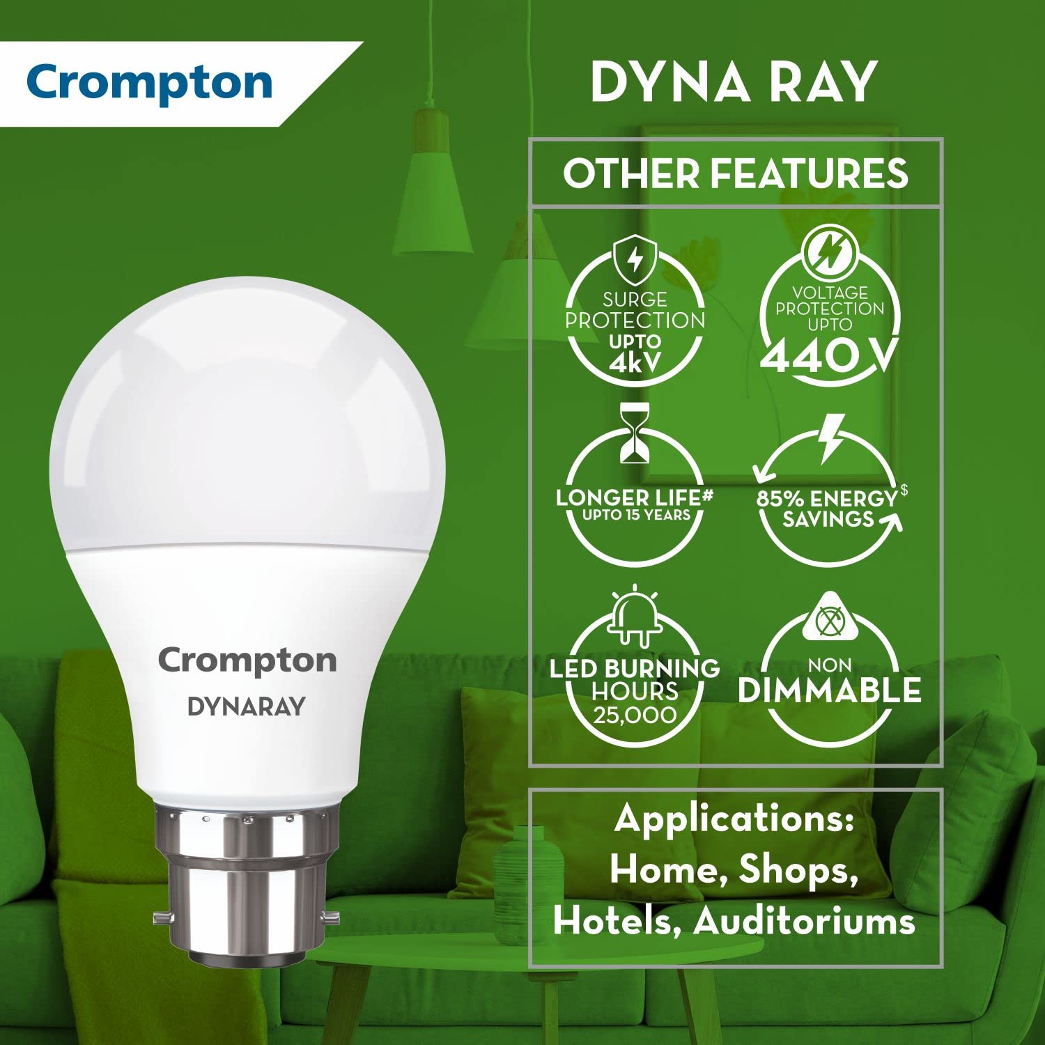 Crompton Dyna Ray 9W Round B22 LED Cool Day Light Pack of 2