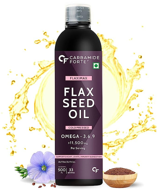 Carbamide Forte Cold Pressed Flaxseed Oil with 11550mg Omega 3 6 9 per Serving for Eating, Skin & Hair Growth - 500ml Vegetarian Oil