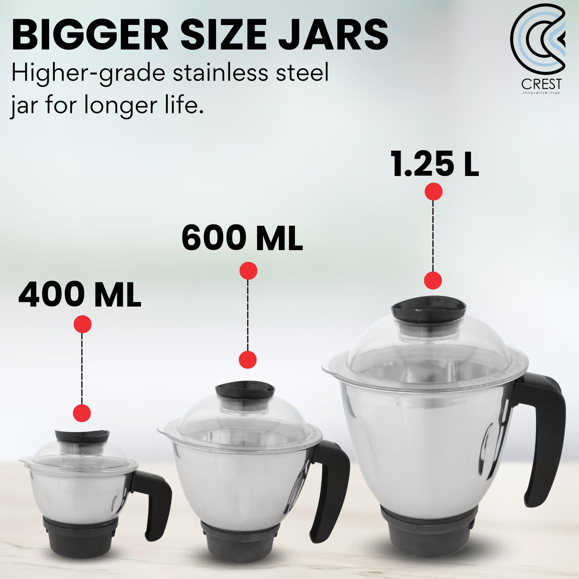Crest Mixer Grinder for Kitchen - 2 Jars 500 Watt - Mixie with Mini Jar for Chutney & Liquidizing Jar used as Wet Grinder & Blender for Milkshake, Smoothie, Puree -Stainless Steel Blades