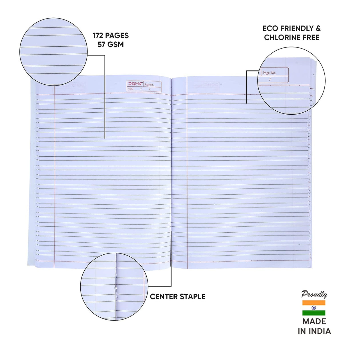 Doms Brown Cover Notebook | 3 In 1 (Dl/Rb/M.Sq) | Ruled | 57GSM | 172 Pages | 18 x 24 cm | Pack of 6