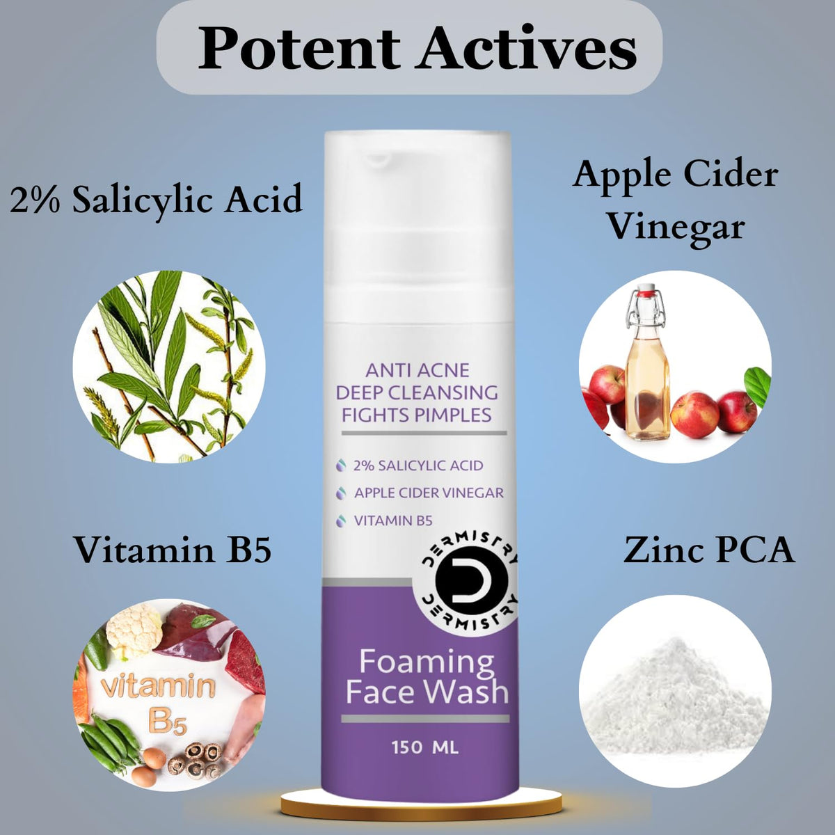 Dermistry 2% Salicylic Acid Niacinamide Anti Acne Deep Cleanser Oil Free Foaming Face Wash, Apple Cider, Zinc, Pimples & Excess Oil Removal for Oily Acne Pimple Prone Skin Men Women