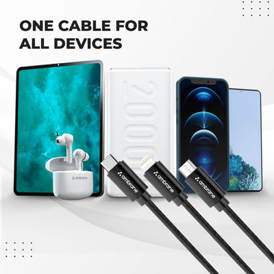 Ambrane Unbreakable 3 in 1 Fast Charging Braided Multipurpose Cable for Speaker with 2.1 A Speed - 1.25 meter, Black (Pack of 2)