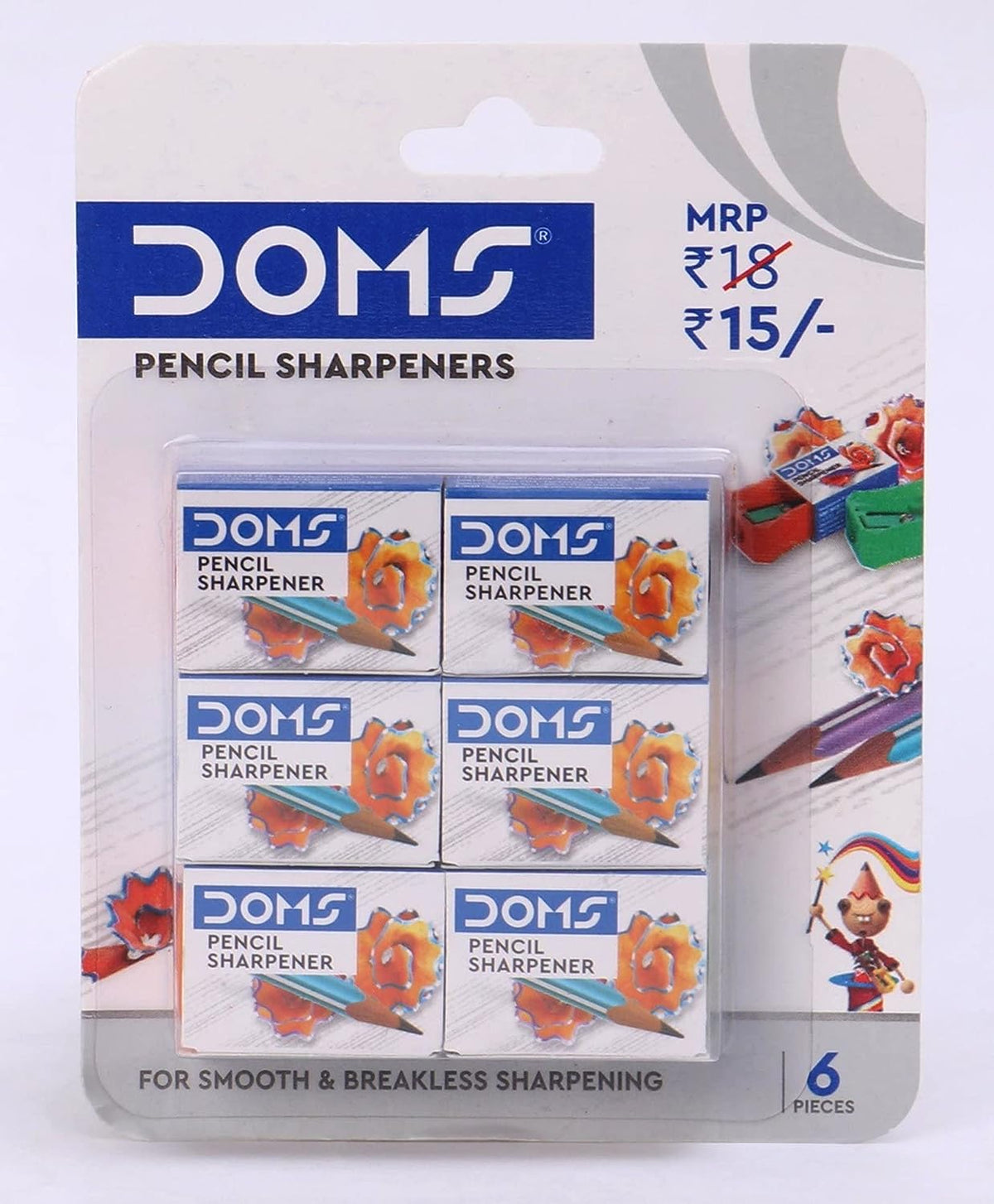 Doms Smooth And Breakless Multicolour Pencil Sharpeners 6 Pcs Blister Pack