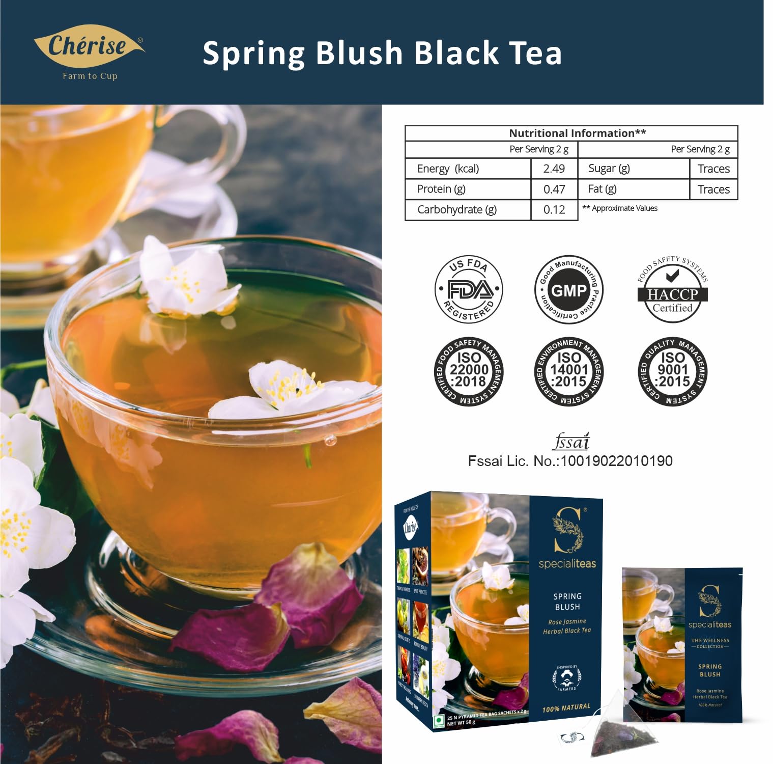 Cherise Specialiteas Spring Blush Rose Jasmine Herbal Black Tea (2 g x 25 Pyramid Tea Bags)