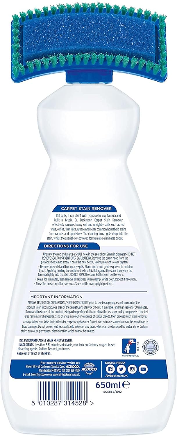 Dr. Beckmann Carpet Stain Remover 650ml | Removes Even Stubborn Stains and Odours | Includes Applicator Brush | For Home, Car Carpets and Upholstery