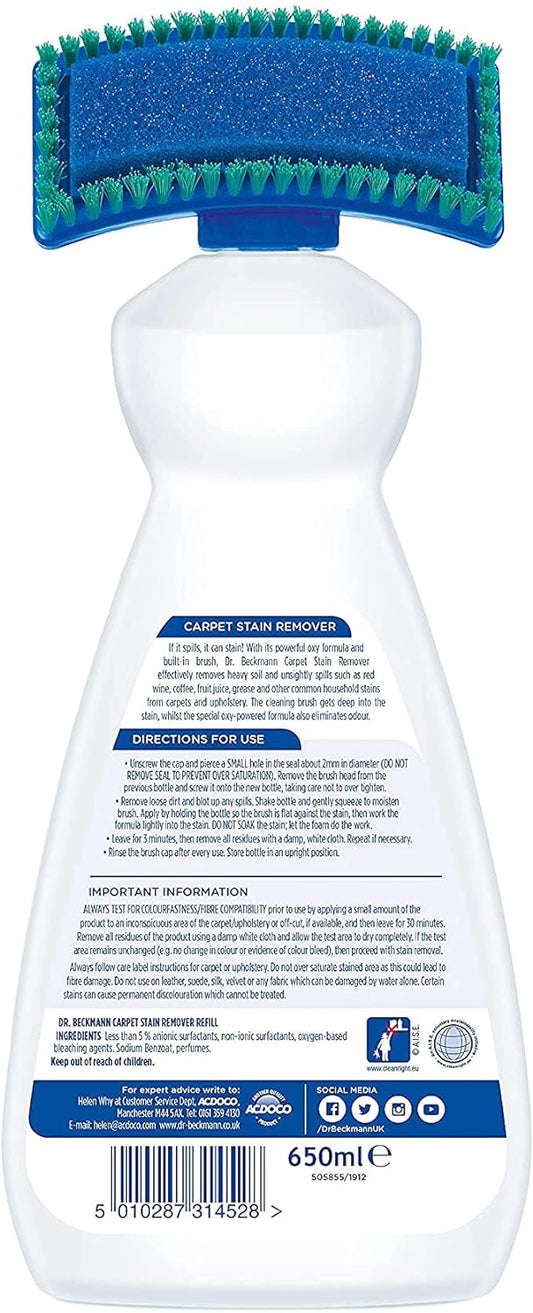 Dr. Beckmann Carpet Stain Remover 650ml | Removes Even Stubborn Stains and Odours | Includes Applicator Brush | For Home, Car Carpets and Upholstery