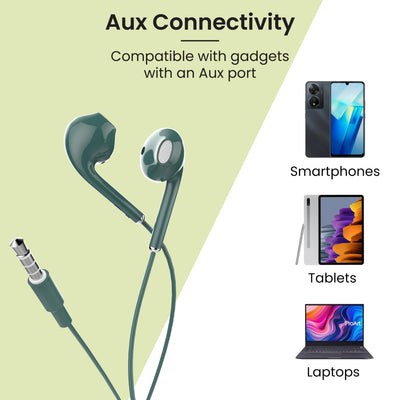 Ambrane Wired in Ear Earphones with in-line Mic for Clear Calling, 14mm Dynamic Drivers for BoostedBass, 3.5mm Jack, Multi-Functional Controller (Stringz 38 Lite, Green)