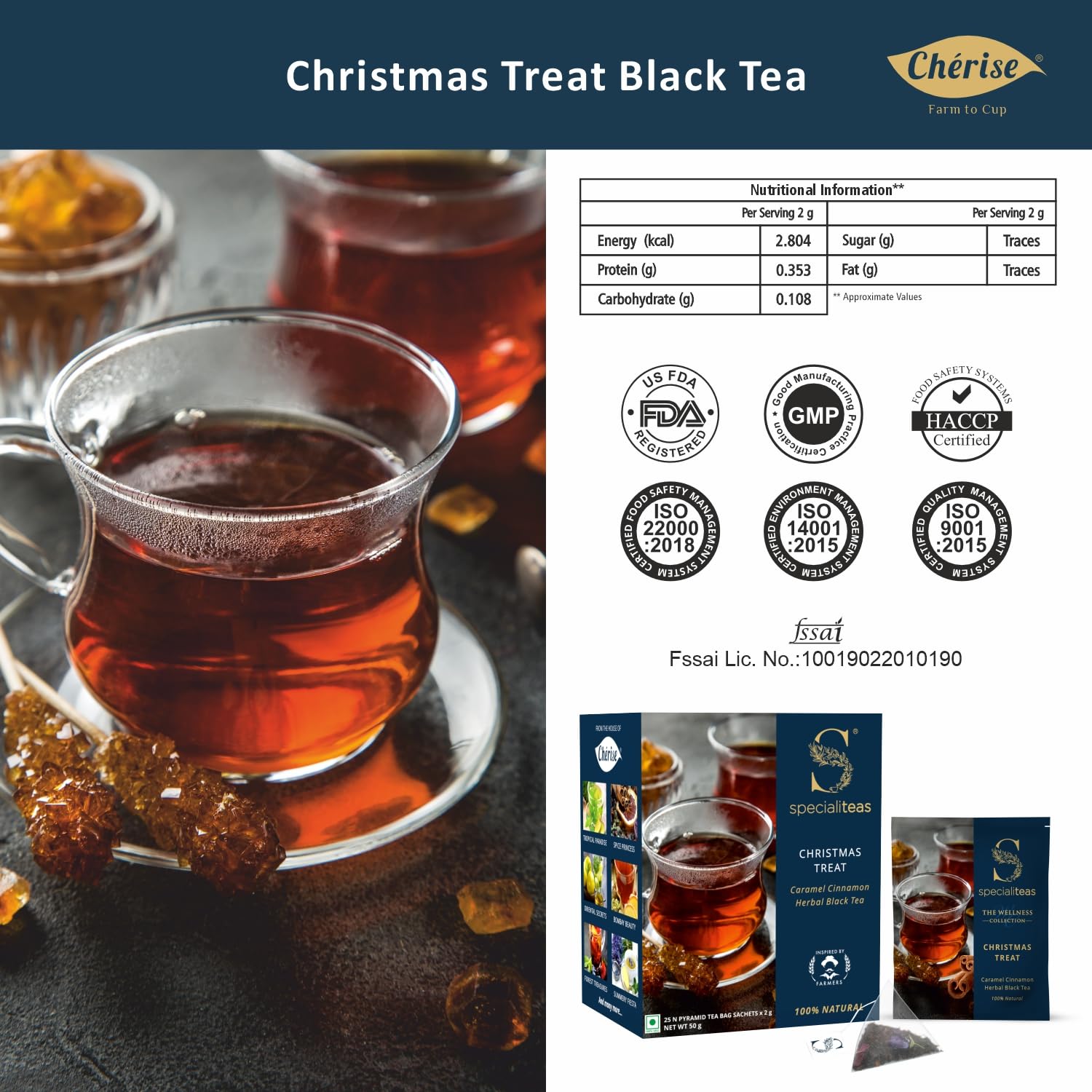 Cherise Specialiteas Christmas Treat Caramel Cinnamon Herbal Black Tea (2 g x 25 Pyramid Tea Bags)
