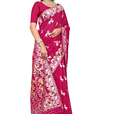 BROYAAR SHOP Jamdani Designer Cotton Blend Silk Saree for Women Without Blouse (Rani)