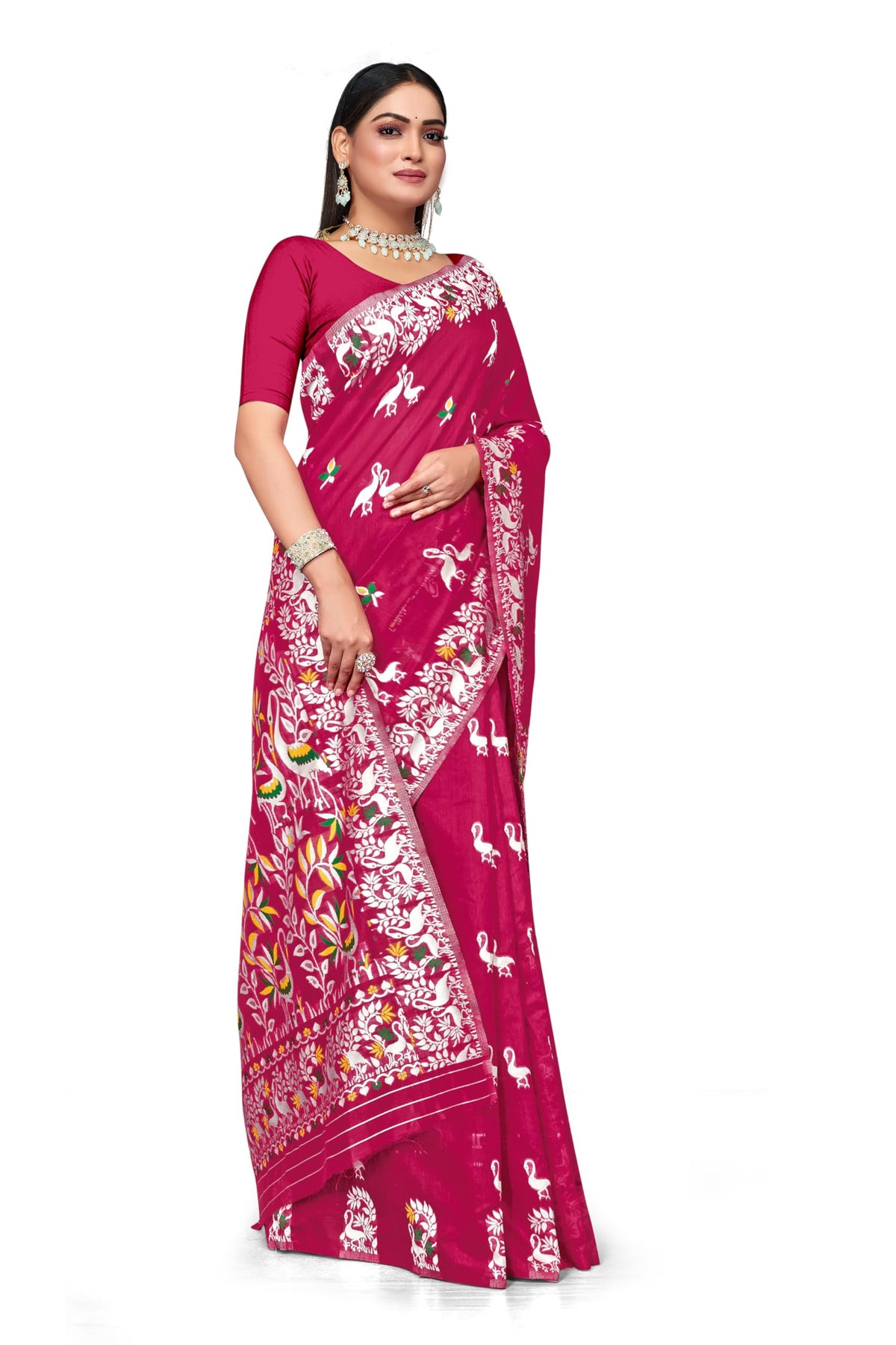 BROYAAR SHOP Jamdani Designer Cotton Blend Silk Saree for Women Without Blouse (Rani)