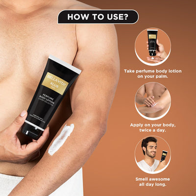 Bella Vita Luxury KLUB Man Body Perfume Lotion for Nourishing, Hydrating, Soft, Supple, Healthy Skin with Argan Oil and Shea Butter 200 ml