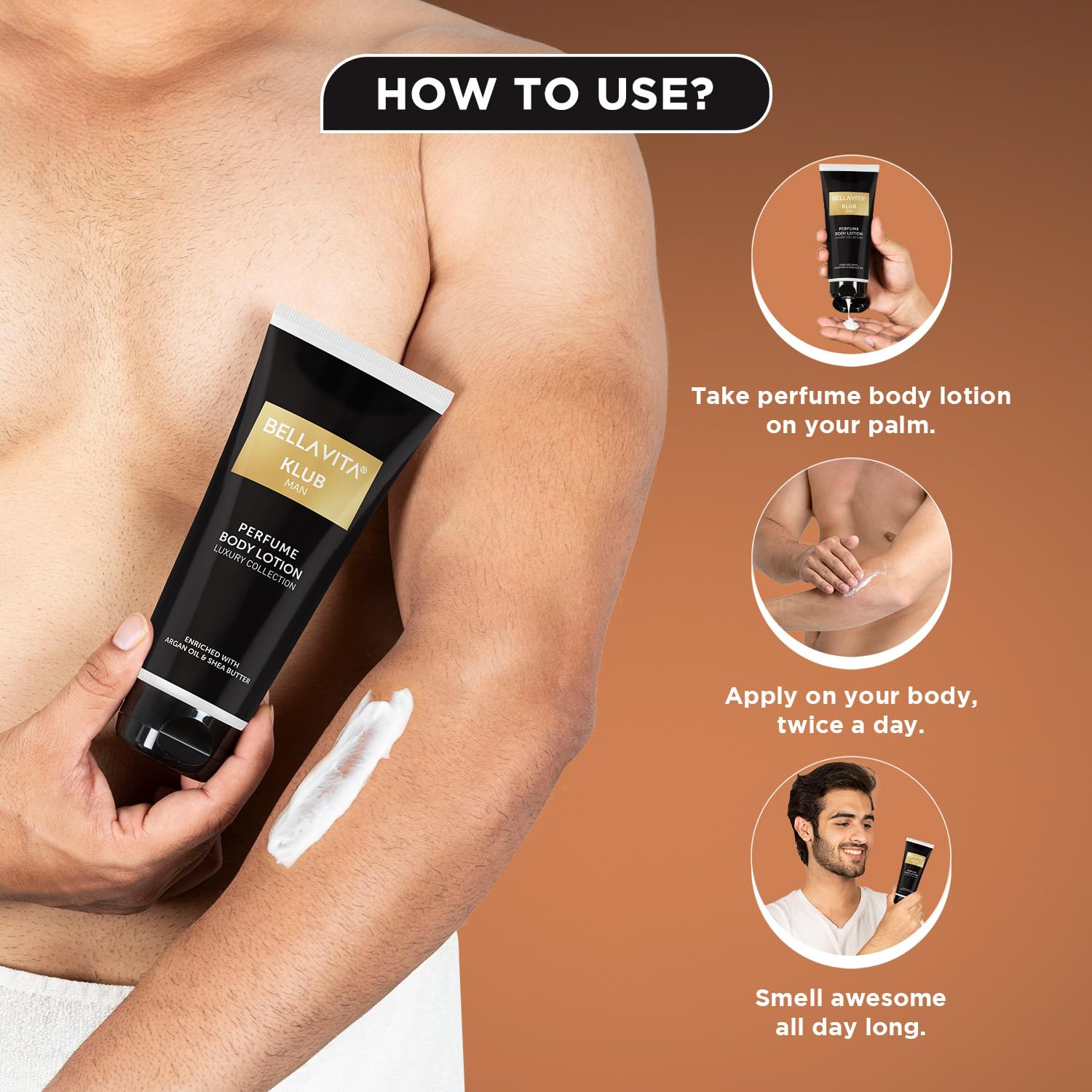 Bella Vita Luxury KLUB Man Body Perfume Lotion for Nourishing, Hydrating, Soft, Supple, Healthy Skin with Argan Oil and Shea Butter 200 ml