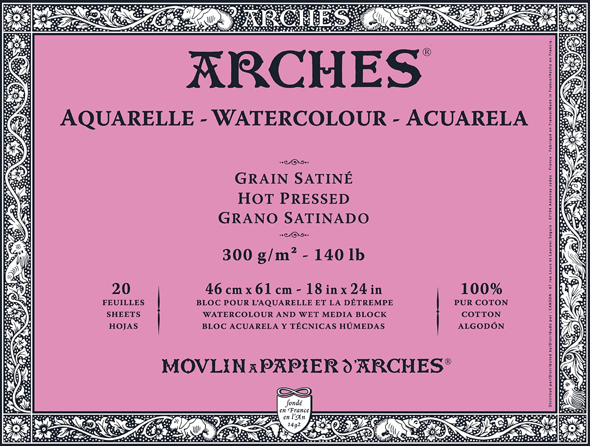 Arches Watercolour 300 GSM Hot Pressed Natural White 46 x 61 cm Paper Blocks, 20 Sheets