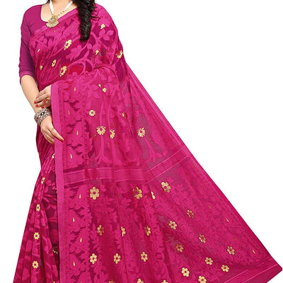 Aishwarya Sarees Women's Jamdani Jute Cotton Saree With Blouse Piece (AS - SOFT DHAKAI NEW -1_Pink)