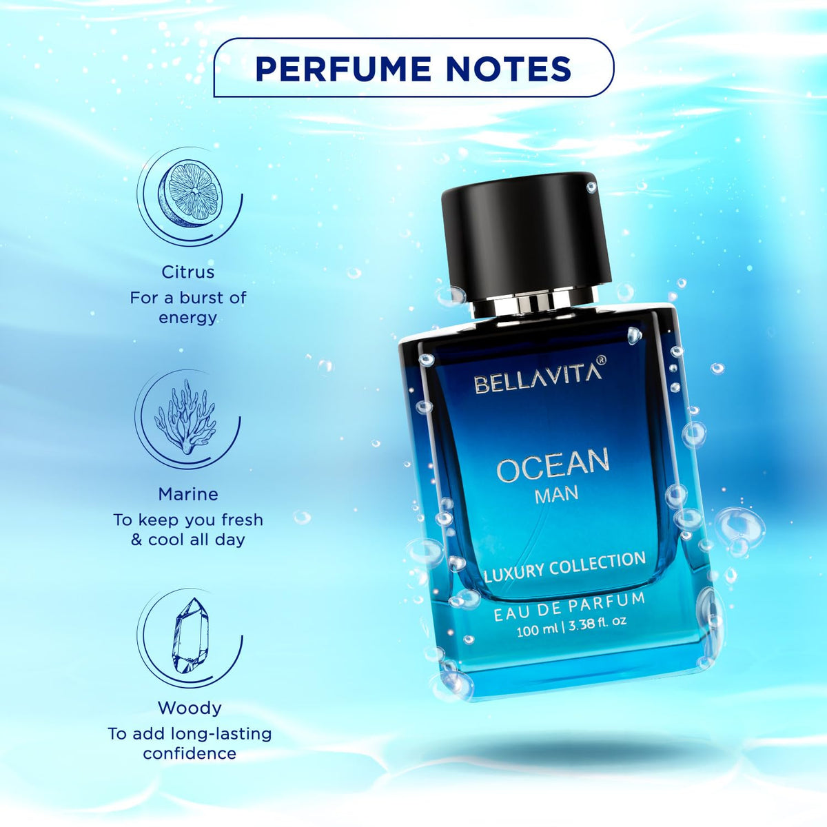 Bella Vita Luxury OCEAN Man Eau De Parfum Perfume with Bergamot, Melon, Rose & Musk|Premium, Long Lasting Fresh & Aquatic Fragrance EDP for Men 100 ML