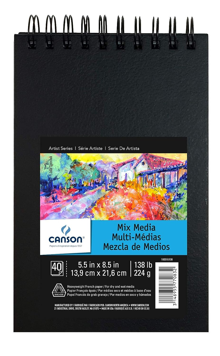 Canson Mix-Media 224 GSM Fine Grain 14 x 21.6 cm Drawing Paper Spiral Bound Book (White, 40 Sheets)