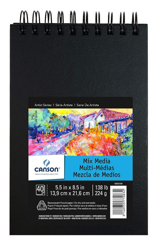 Canson Mix-Media 224 GSM Fine Grain 14 x 21.6 cm Drawing Paper Spiral Bound Book (White, 40 Sheets)