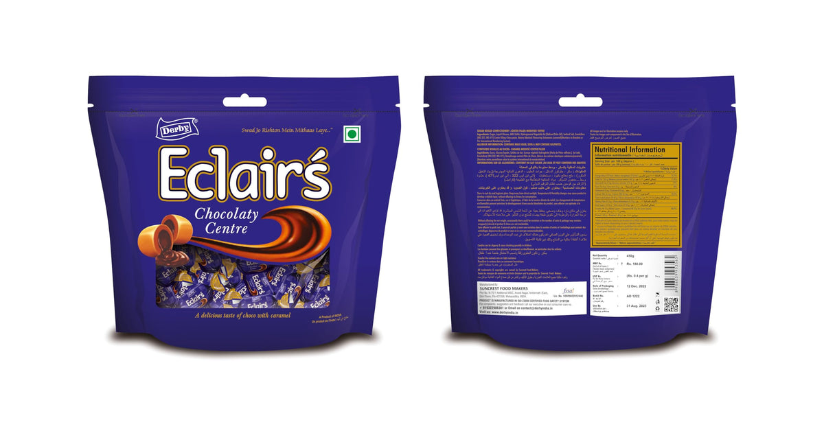 Derby Caramel Eclair Standy Pouch | 450 Grams | Chocolaty Center Filled Caramel Eclair | Easy To Store Pack | (2)