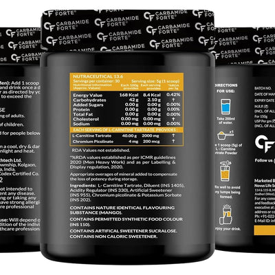 Carbamide Forte L Carnitine Powder for Men & Women | L-Carnitine L Tartrate 2000mg Supplement For Women & Men | L Carnitine Powder Pre Workout, Intra Workout & Post Workout Supplement | L Carnitine Supplement Mango Flavour - 150g