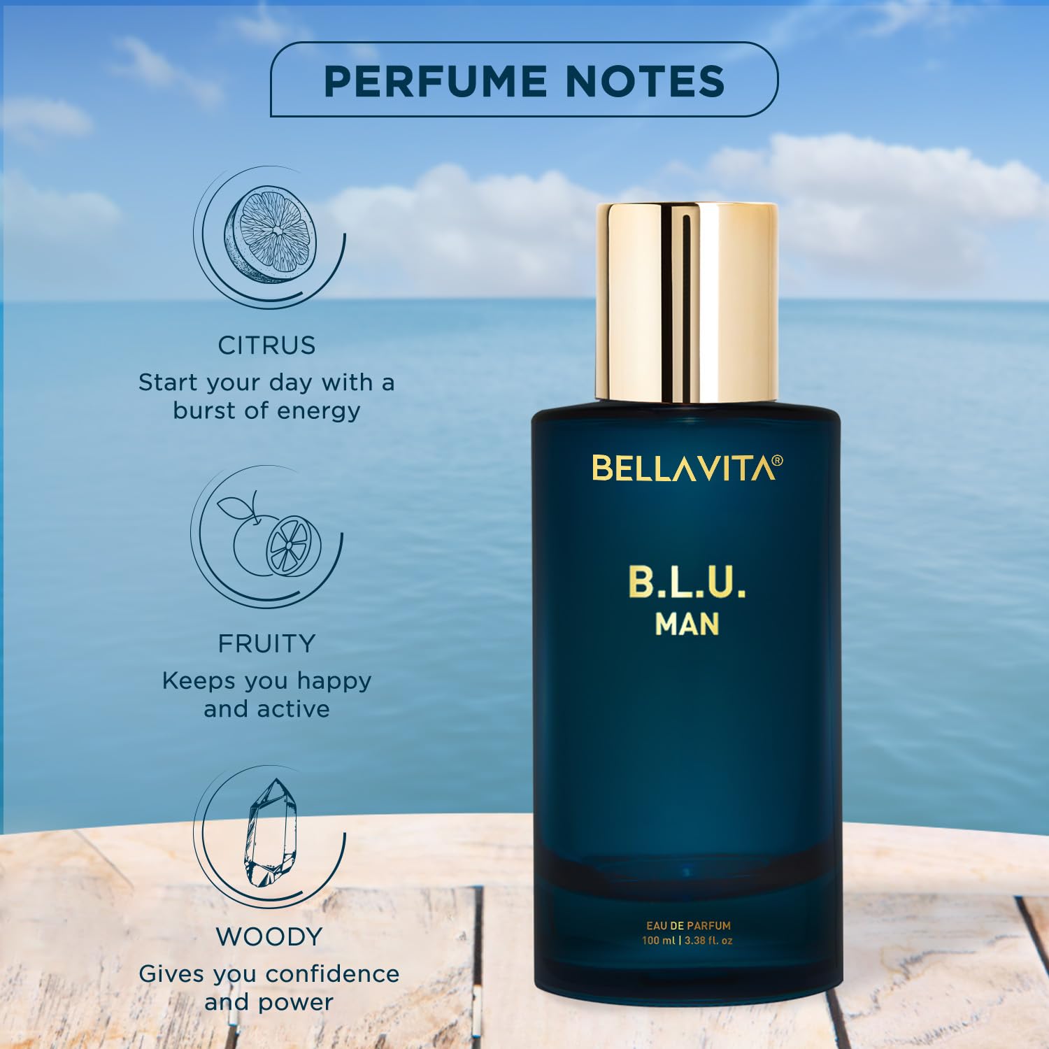 Bella Vita Luxury B.L.U Man Eau De Parfum Perfume with Lemon, Black Pepper, Orris, Musk|Premium, Long Lasting Fresh Aromatic Fragrance for Men, 100 ML