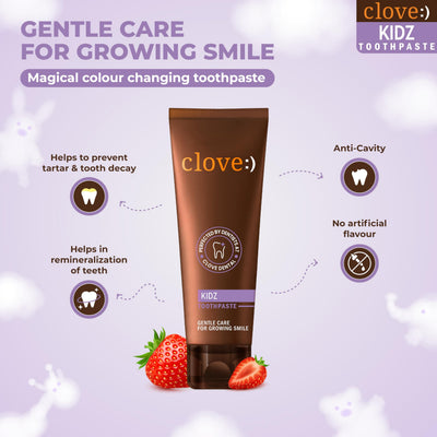 Clove Kids Toothpaste (3+years) Natural Strawberry Flavour | Color Changing | Cavity protection | SLS Free | Triclosan Free | Paraben Free | Peroxide free |Gluten free | No artificial Flavours 100g