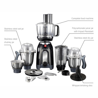 Cello Discovery Chef Mixer Grinder 5 Jars, 1000Watts | Chutney Jar, Wet Jar, Food Machine, Juicer Jar, Dry Jar | Stainless Steel Jars and Sturdy Body | 6 Additional Attachments