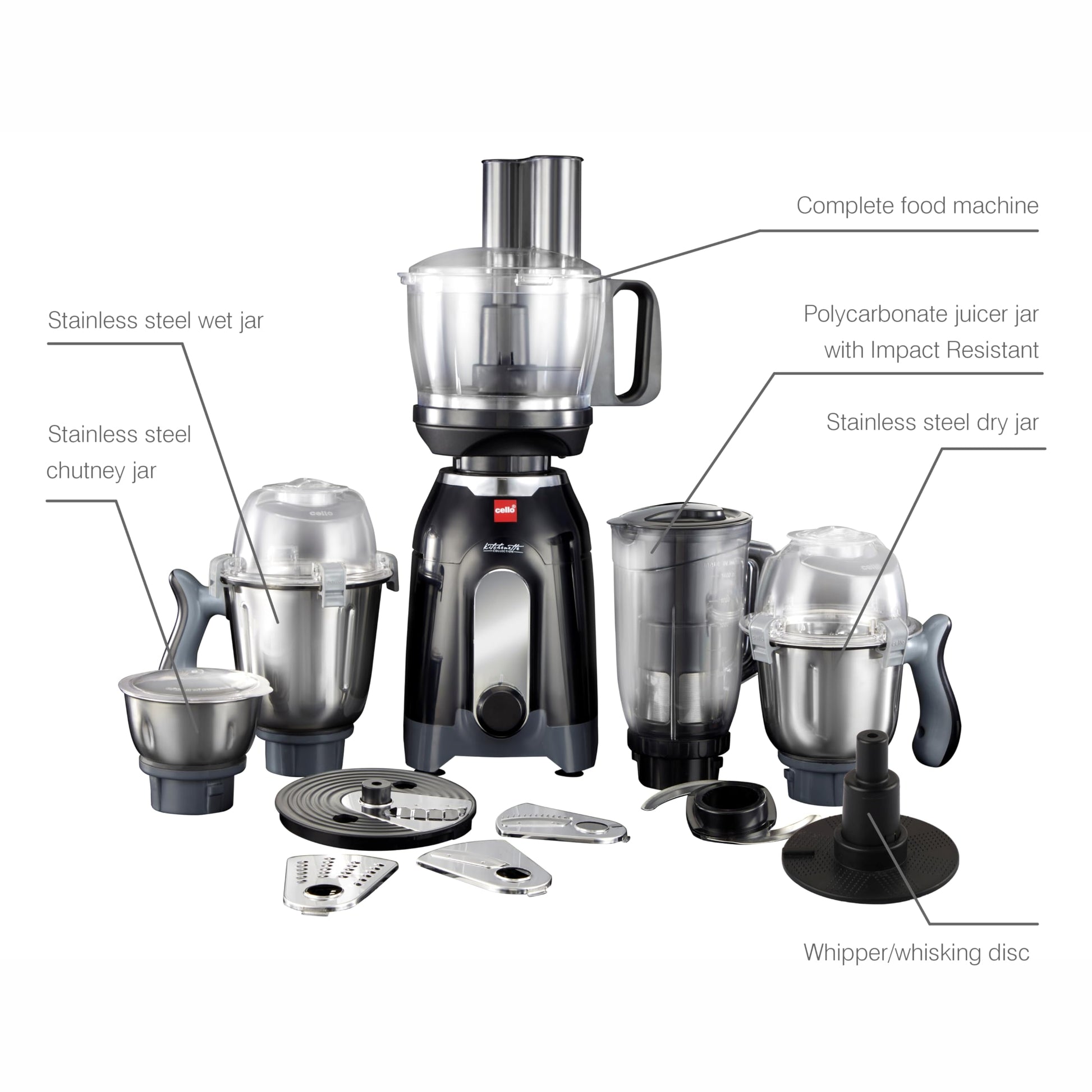 Cello Discovery Chef Mixer Grinder 5 Jars, 1000Watts | Chutney Jar, Wet Jar, Food Machine, Juicer Jar, Dry Jar | Stainless Steel Jars and Sturdy Body | 6 Additional Attachments