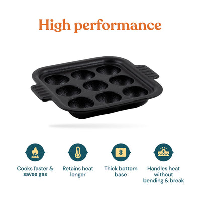 Bhagya Cast Iron Cookware Bhagya Cast Iron Paniyaram Pan/Unniyappam Chatty/Paddu Maker/Appam Pan Pre-Seasoned | Naturally Non-Sticky Cookware | Non Toxic - 9 Holes, Large