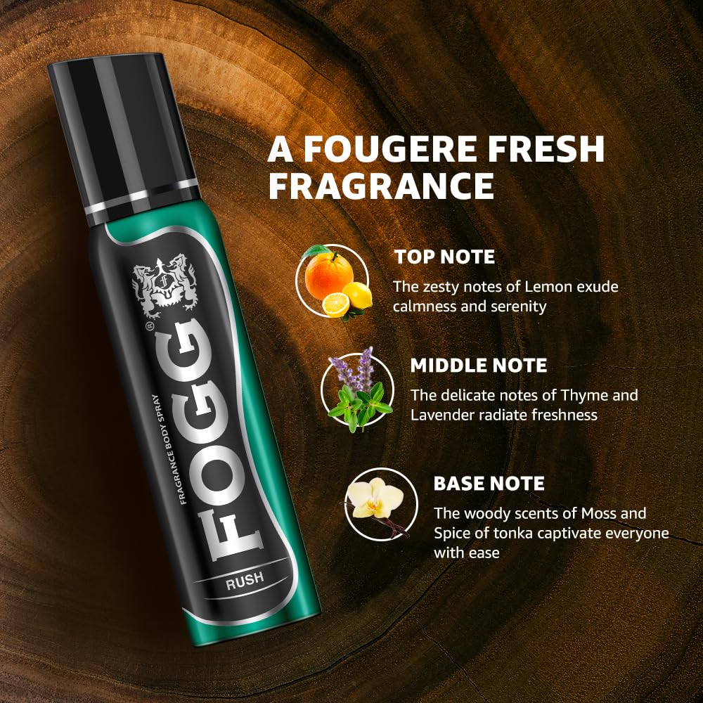 4x Fogg Rush No Gas Deodorant for Men, Long-Lasting Perfume Body Spray, 150 ml each - Pack of 4