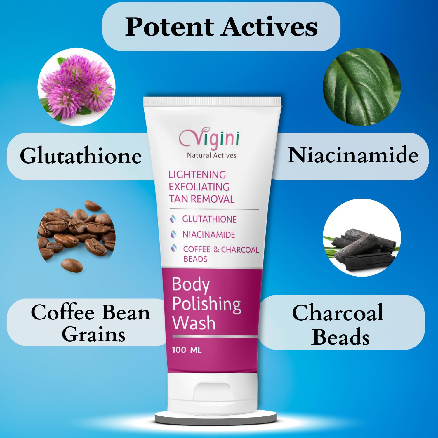 Vigini Natural Body Lightening Brightening Moisturizing Polishing Fairness Exfoliate Scrub Body Wash, Remove D Tan, Hyper Pigmentation Dark Spot, Skin Glow Glutathione Coffee Charcoal Men Women 100ml