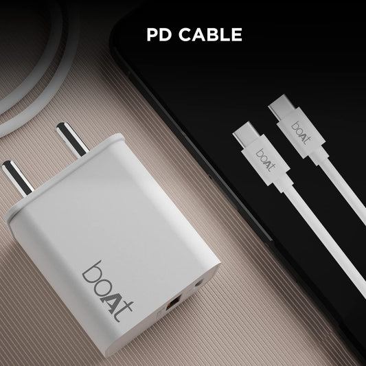boAt WCDV 22.5W Dual Port Wall Charger with 18W Quick Charge 3.0 & 22.5W Power Delivery Support, Smart IC Protection, Auto Detection, Corrosion Resistant Pins & PD Cable(White)