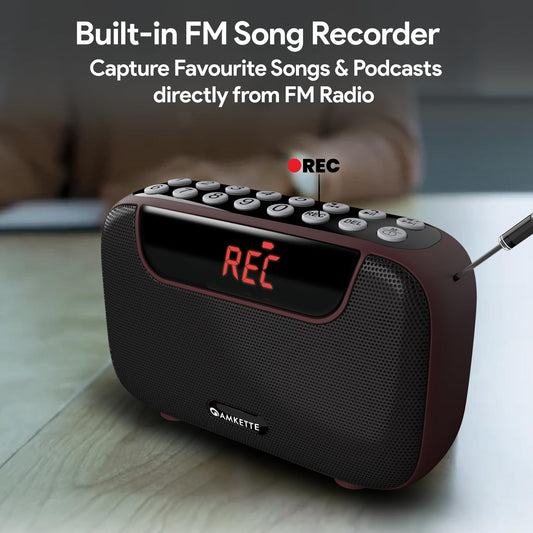 Amkette Pocket Blast 5 in 1 FM Radio with Bluetooth, Powerful Sound, Voice & FM Recording, External Antenna, 7+ Hours Playback, MP3 Player with Number Pad (AUX, SD Card, USB Input) (Brown)