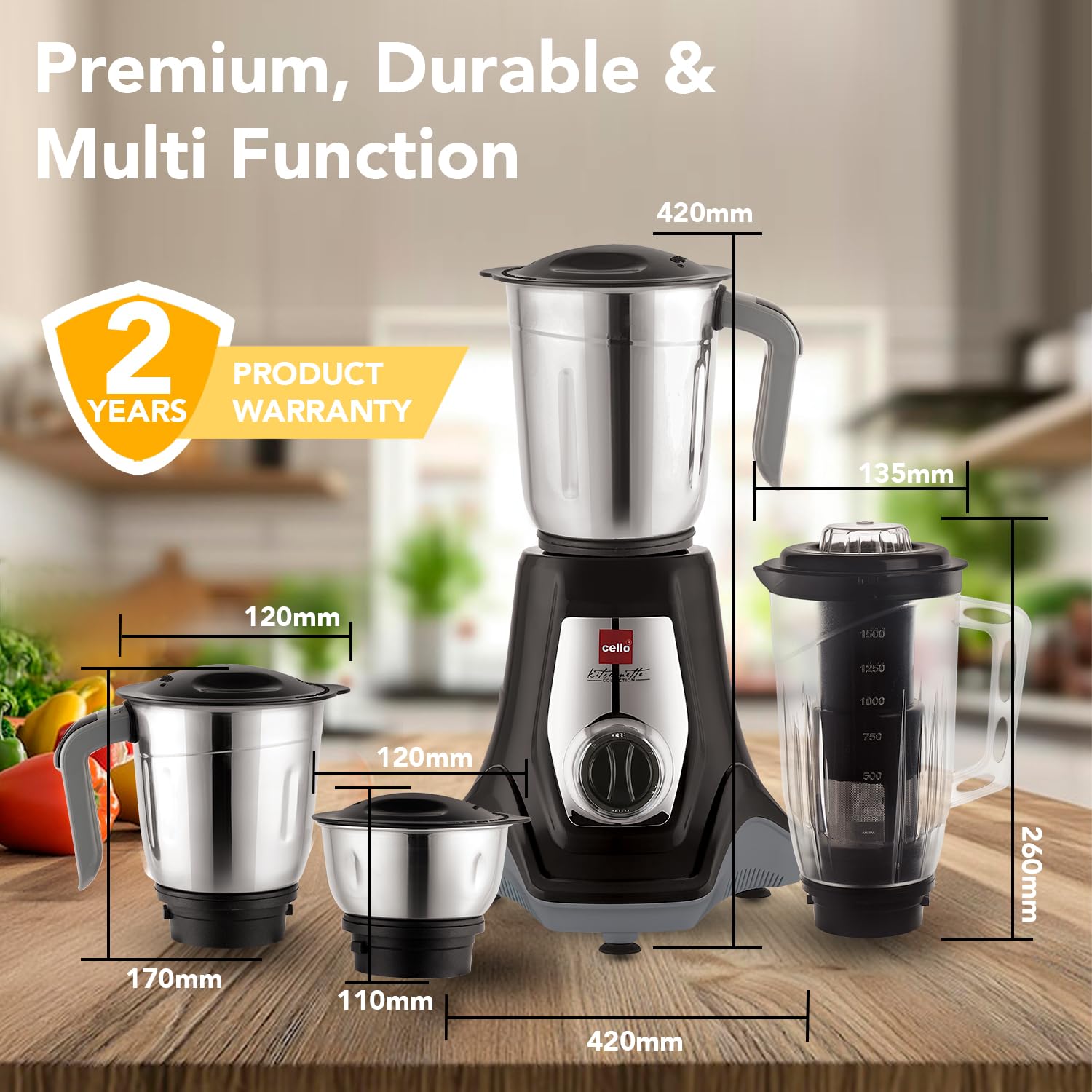 Cello Hercules Mixer Grinder 750W, Black- 2 Year Warranty (Wet Jar with Lid- 1.2 L; Dry Jar with Lid- 1L; Chutney Jar with Lid- 500ml; Juicer Jar Capacity- 1500ml; Spatula)