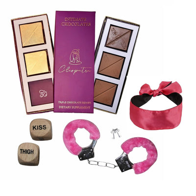 Cleopatra Intimate Chocolate Bars For Uplifting Mood, Vitality, More Desire & Enjoyment Best Gift Set Ideal For Men & Women, 60g With 1 Handcuffs (Hathkadi), 1 Blindfold & 2 Dice